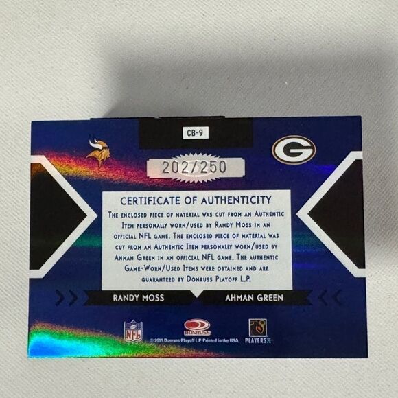 2005 donruss elite green face 2 face blue randy moss /250 jersey card - Picture 2 of 3